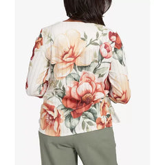 Alfred Dunner Petite Copper Canyon Dramatic Floral Split Beaded Top, Olive Multi