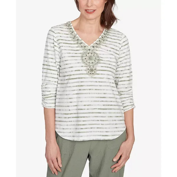 Alfred Dunner Petite Copper Canyon Textured Medallion Neckline Top, Oatmeal