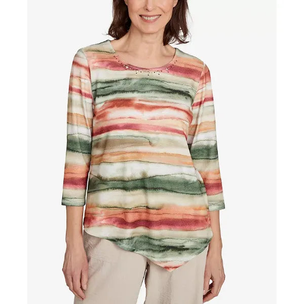 Alfred Dunner Petite Copper Canyon Watercolor Stripe Crew Neck Top, Olive Multi