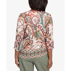 Alfred Dunner Petite Copper Canyon Textured Scroll Border Ruched Sleeves Crew Neck Top, Olive Multi