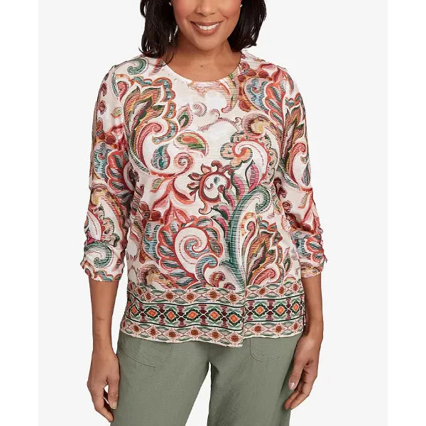 Alfred Dunner Petite Copper Canyon Textured Scroll Border Ruched Sleeves Crew Neck Top, Olive Multi