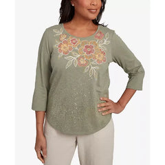 Alfred Dunner Petite Copper Canyon Scattered Sequin Floral Neck Top, Olive