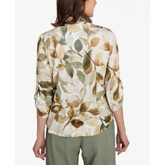 Alfred Dunner Petite Copper Canyon Knit Leaf Button Front Collared Top, Olive Multi