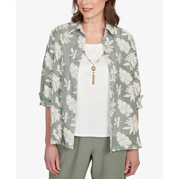 Alfred Dunner Petite Copper Canyon Soutache Leaf Two In One Collated Top with Necklace, Olive