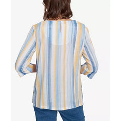 Alfred Dunner Petite Flower Power Striped Flower Detail Button Front Top, Multi Blue
