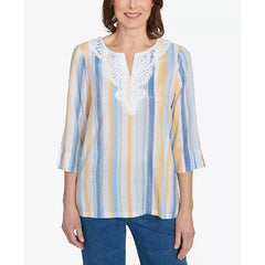 Alfred Dunner Petite Flower Power Striped Flower Detail Button Front Top, Multi Blue