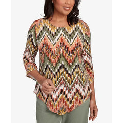 Alfred Dunner Women's Copper Canyon Ikat Chevron Top with Necklace, Olive Multi
