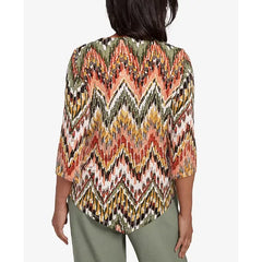 Alfred Dunner Women's Copper Canyon Ikat Chevron Top with Necklace, Olive Multi