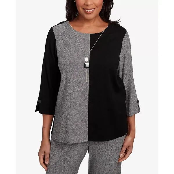 Alfred Dunner Women's Santa Barbara Center Sliced Top with Necklace , Black/Gray