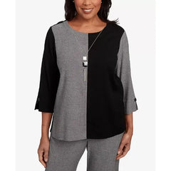 Alfred Dunner Women's Santa Barbara Center Sliced Top with Necklace , Black/Gray