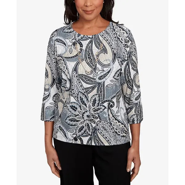 Alfred Dunner Women's Santa Barbara Reversible Paisley Crew Neck Top with Necklace, Black Multi