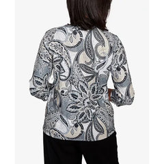 Alfred Dunner Women's Santa Barbara Reversible Paisley Crew Neck Top with Necklace, Black Multi
