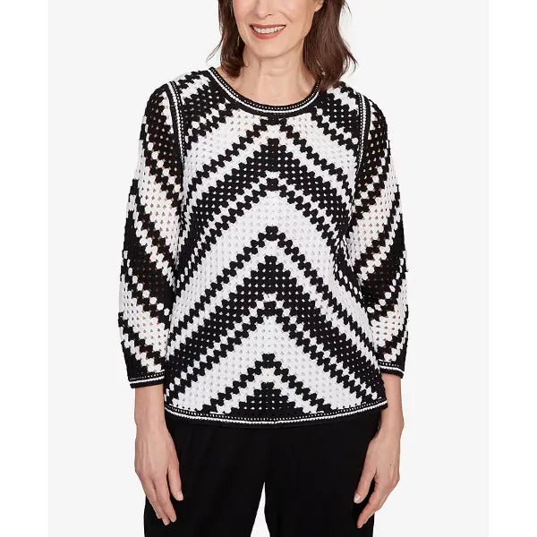 Alfred Dunner Women's Santa Barbara Chevron Crochet Bell Sleeve Top, Black