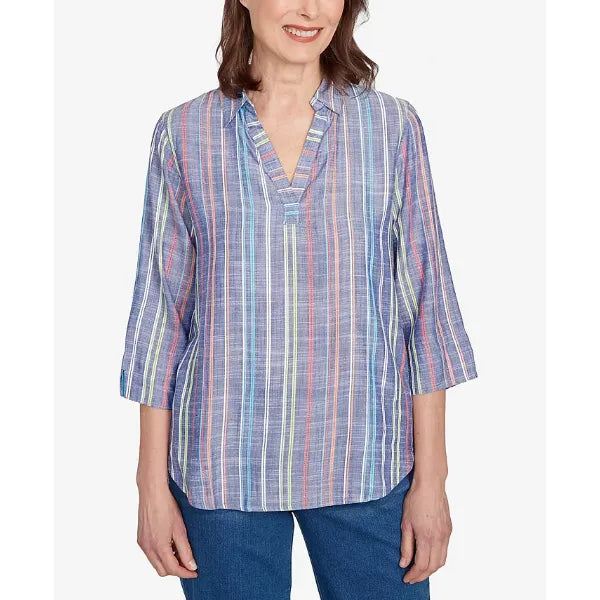 Alfred Dunner Women's El Paso Textured Multi Stripe Collared Top, Blue Multi