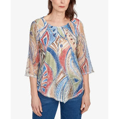 Alfred Dunner Women's El Paso Printed Leaf Textured Top with Necklace, Blue Multi