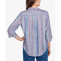 Alfred Dunner Women's El Paso Textured Multi Stripe Collared Top, Blue Multi