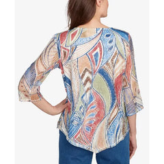 Alfred Dunner Women's El Paso Printed Leaf Textured Top with Necklace, Blue Multi