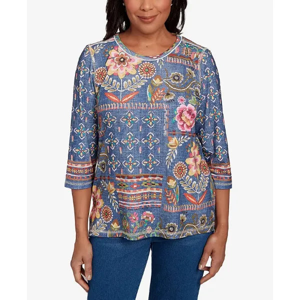 Alfred Dunner Women's El Paso Mixed Pattern Floral Patch Top, Blue Multi