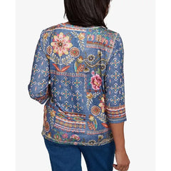 Alfred Dunner Women's El Paso Mixed Pattern Floral Patch Top, Blue Multi