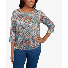 Alfred Dunner Women's El Paso Ikat Diamond Detailed Neckline Top, Blue Multi