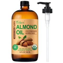 Yoken Organic Almond Oil, USDA 100% Pure Natural Cold Pressed Almond Oils in Glass Bottle, Moisturizing Carrier Oil for Face, Hair & Body - Ideal for Skin Care, Soothing Massage & DIY Beauty