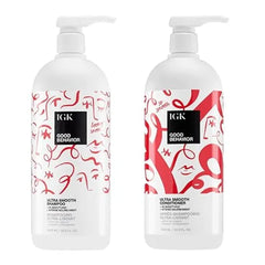 IGK GOOD BEHAVIOR Ultra Smooth Shampoo and Conditioner Set (8 Oz) + Bonus Travel Size Packettes Volume + Thickening Vegan