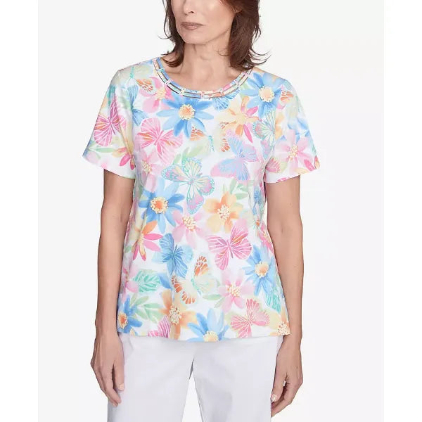 Alfred Dunner Petite Spring Butterfly Crew Neck Top, Multi Pink