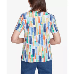 Alfred Dunner Petite Stained Glass Pleated Crew Neck Top, Navy Multi