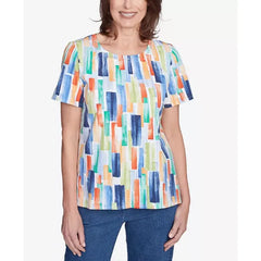 Alfred Dunner Petite Stained Glass Pleated Crew Neck Top, Navy Multi