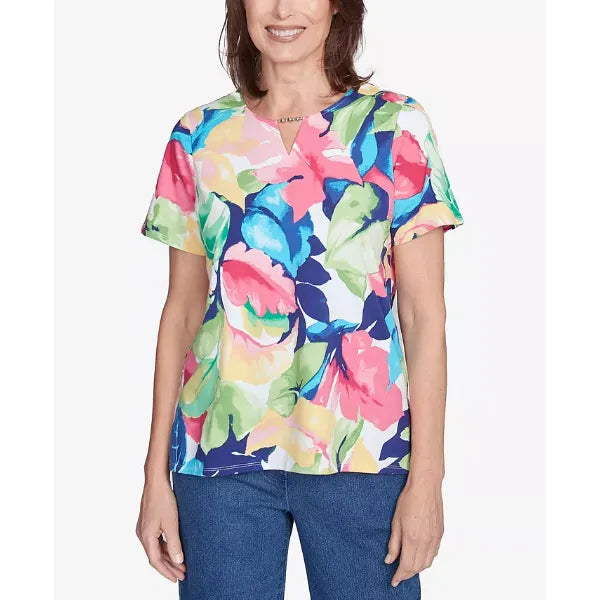 Alfred Dunner Petite Tropical Leaf Split Beaded Neck Top, Bright