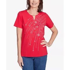 Alfred Dunner Petite Dazzling Shooting Stars with Beaded Split Neck Top, Red