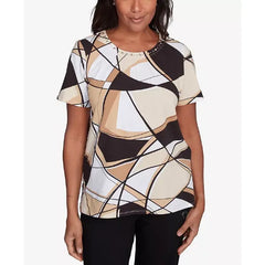 Alfred Dunner Petite Geometric Top with Detailed Neckline, Black,Tan