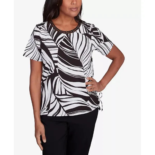 Alfred Dunner Petite Twisted Leaves with Side Tie Top, Black/White