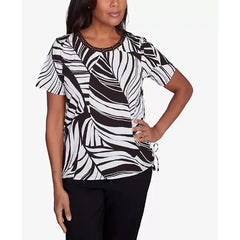Alfred Dunner Petite Twisted Leaves with Side Tie Top, Black/White