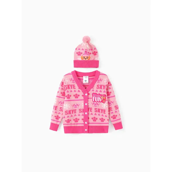 PATPAT PAW Patrol Toddler Boy/Girl 2pcs Chase/Skye Christmas Snowflake Paw Allover Print Knitwear With Hat Pink