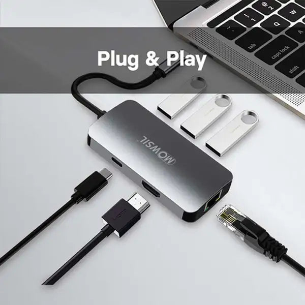 Mowsil USB-C Hub 6-in-1, USB-C to HDMI, RJ45 GIGA, PD Type-C, 3X USB 3.0