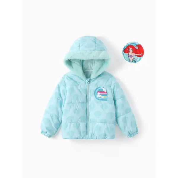PATPAT Disney Princess Toddler Girl 1pc Ariel/Moana/Rapunzel/Aurora Plush Edge Hooded Jacket Coat Mint green