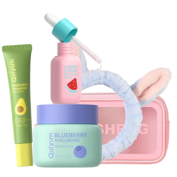 QUIYUM Fruit Skin Care Set for Women & Teens, Facial Skincare Routine Kit with Cleanser Serum Eye Cream Moisturizer Mask, Hydrating Glow Up Beauty Gift Set