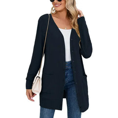 SHOWMALL Women's Long Sleeve Open Front Cardigan Button Down Apricot M Ribbed Lightweight Knit Outerwear with Pocket