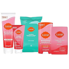 Lume Skin Care Gift Set for Women, Whole Body Deodorant Starter Pack -Smooth Solid Stick, Invisible Cream Tube, Acidified Body Wash Mini & Deodorant Wipes -Aluminum Free Odor Control (Clean Tangerine)