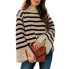 Dokotoo Women's Pullover Sweaters Casual Loose Slit Cuffs Fall Sweater Fashion Bell Long Sleeve Mock Neck Colorblock Striped Jumpers Tops