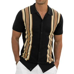 Iceglad Mens Polo Shirts Vintage Striped Knitting Short Sleeves Button Down Golf Shirts