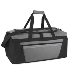 40 Liter 22 Inch Duffle Bag with Reflective Stripe, Front Accessory Pocket, Velcro Handles, Dual Zipper Closure and Luggage Strap for Traveling, Commuting, Sports and Gym Equipment in Black & Silver`