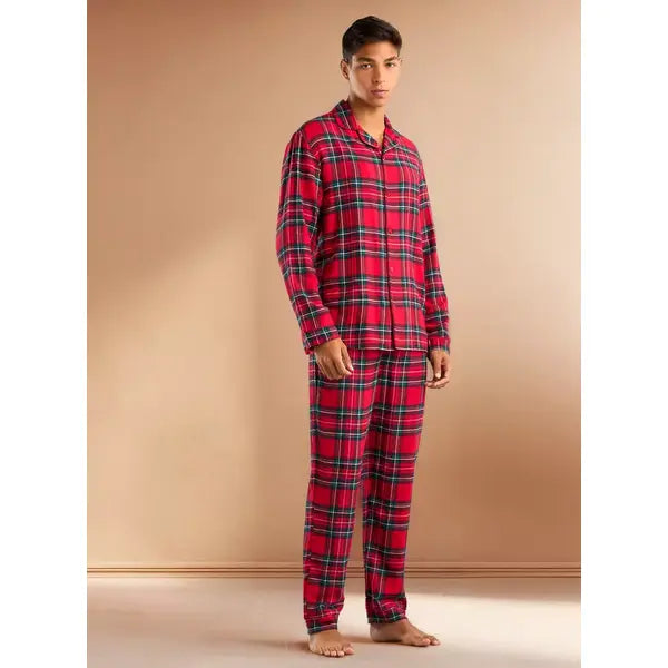 Checked Long Sleeves Shirt and Pyjama Set - Red