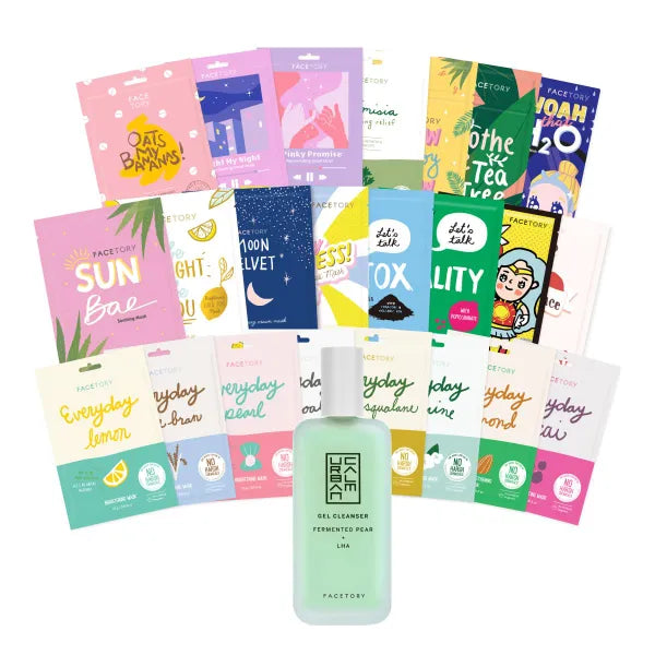 FACETORY 23 Sheet Mask Collection and Urban Calm Gel Cleanser Bundle Exfoliating and Hydrating Skincare Set 23 Sheet Masks and 1 Facial Cleanser for All Skin Types