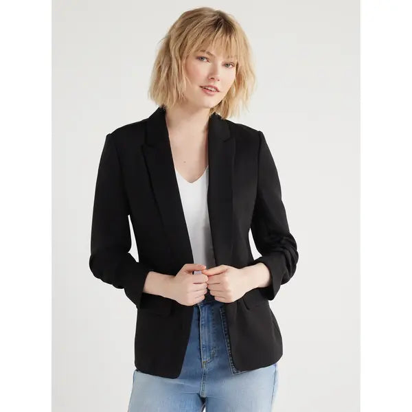 Scoop Women's and Women's Plus Relaxed Scuba Knit Stretch Blazer with Scrunch Sleeves