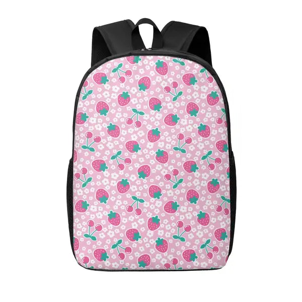 Disketp Cherry Strawberry School Backpack, Lightweight Basic Middle School Bookbags 17 Inch Casual Daypack for Student College, Travel or Outdoor