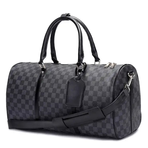 GOWELL Checkered Bag Travel Duffel Bag Weekend Overnight Luggage Shoulder Bag For Men Women -Black Checkered