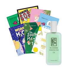 FACETORY Best of Seven Facial Masks and Urban Calm Gel Cleanser Bundle Exfoliating and Hydrating Skincare Set 7 Sheet Masks and 1 Facial Cleanser for All Skin Types