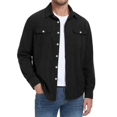 GIRUNS Men's Corduroy Jacket Casual Lightweight Jacket Button Up Long Sleeve Shirts With Flap Pockets Navy Blue L